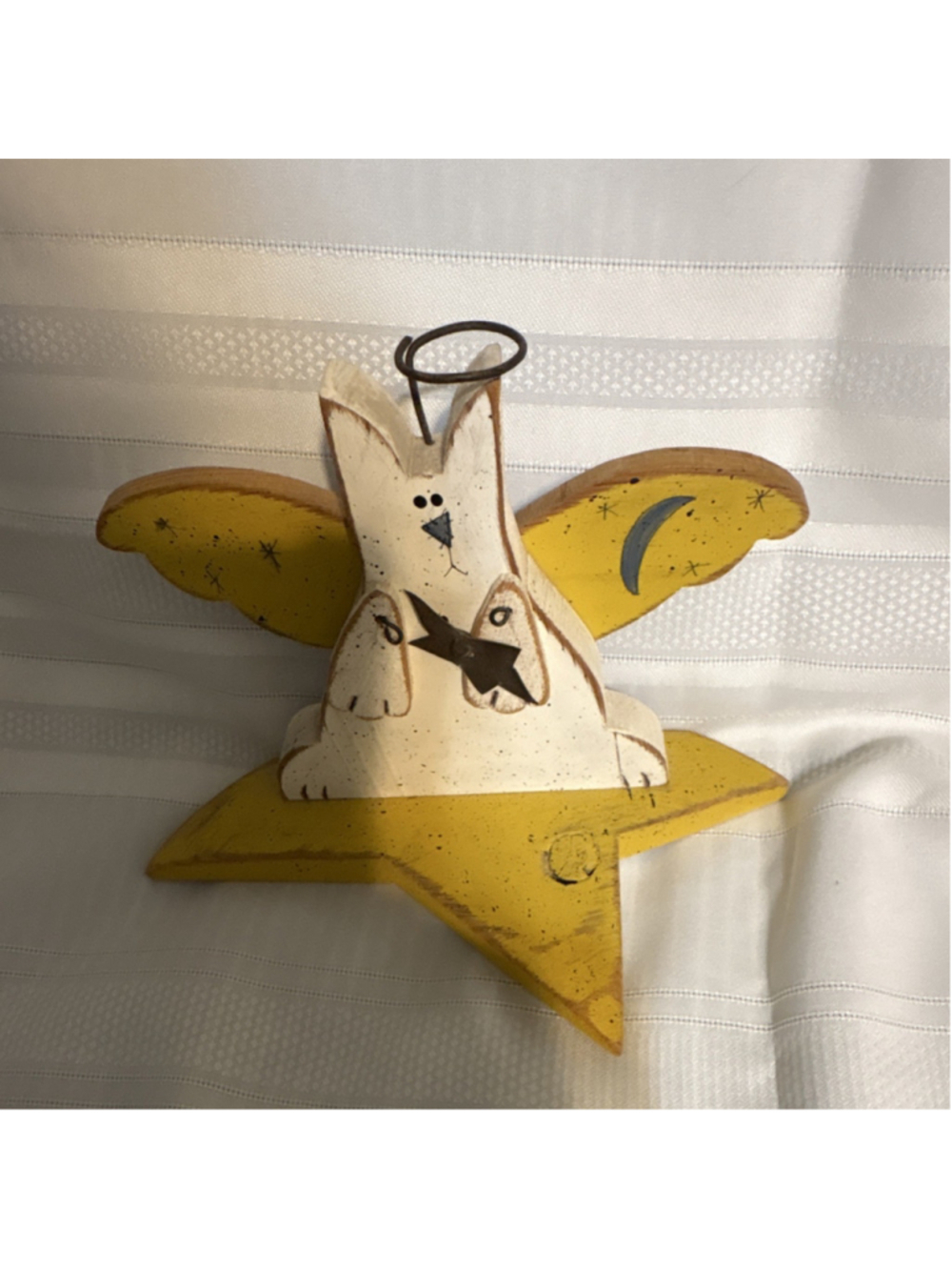 Hand Painted Wooden Rabbit Angel Figurine Star Pattern Yellow/White/Brown